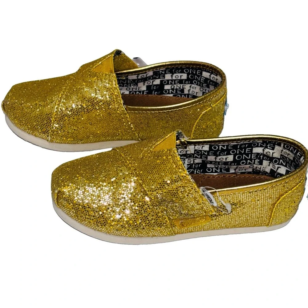 TOMS Classic Kids Gold Glitter Slip On Alpargata Shoes Size 10.5 Toddler